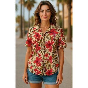 LIZ BAKER Tropical Floral Print Short Sleeved Button Front Blouse Ladies Size 16